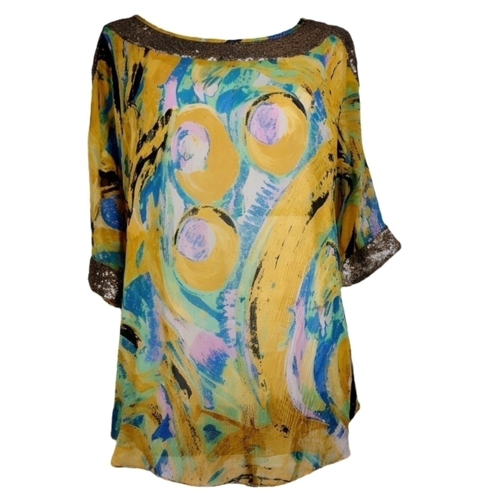 NEW YELLOW URBAN MANGOZ SIZE S, SEQUINS MULTICOLOR BLOUSE FALL SHEER AQUA
